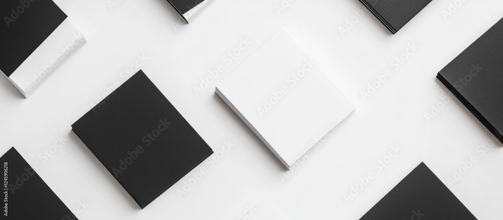 Poster modern black and white notepads creatively arranged on a sleek white background with ample space for