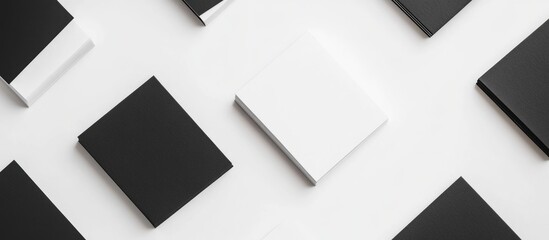 Modern black and white notepads creatively arranged on a sleek white background with ample space for customizable text or graphics.