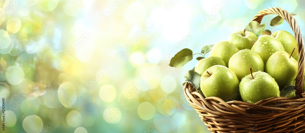 Poster basket of fresh green apples with blurred background and empty space for custom text