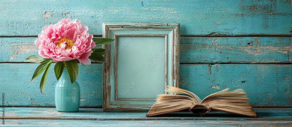 Poster rustic turquoise wooden boards with an empty frame and a pink peony in a vase alongside an open book