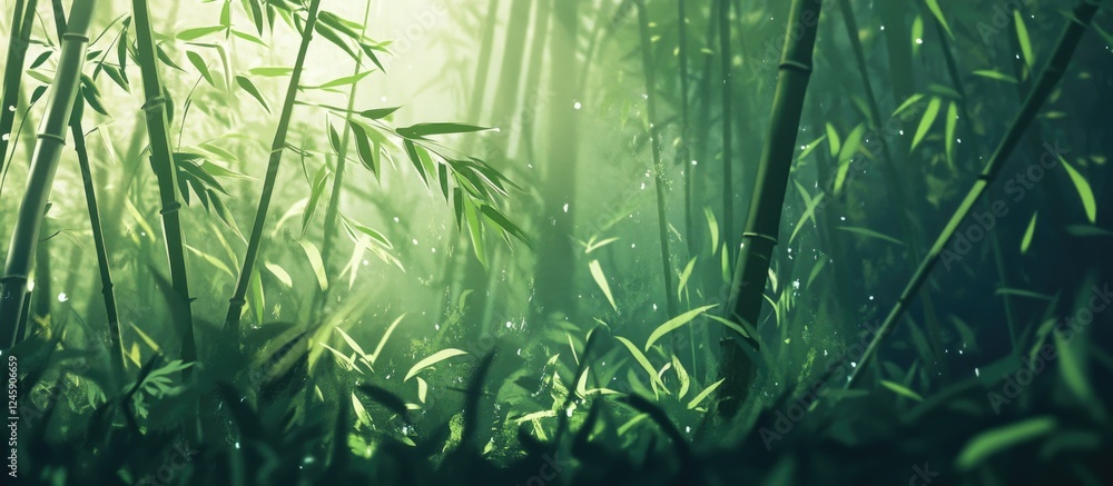 Poster lush green bamboo forest with soft sunlight filtering through creating a serene and tranquil atmosph