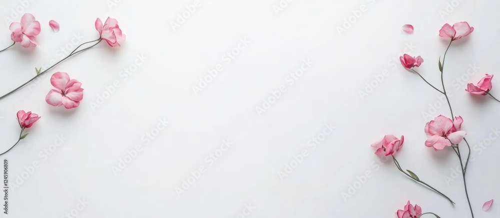 Poster flat lay of pink flowers on white background with empty space for text or design elements
