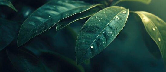 Morning light illuminating fresh green leaves with drops of water in soft focus creating a serene natural ambiance.