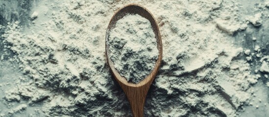 Boric acid powder in wooden spoon on textured surface with ample heap of boric powder top view showcasing natural elements and simplicity