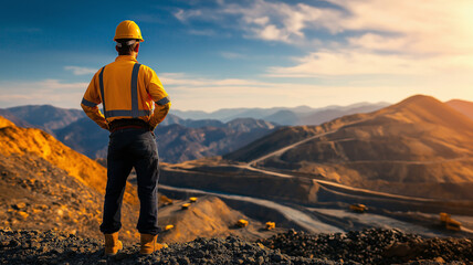 gold miner stands in open pit mine, gazing at vast landscape of mountains and machinery. scene captures hard work and dedication in mining