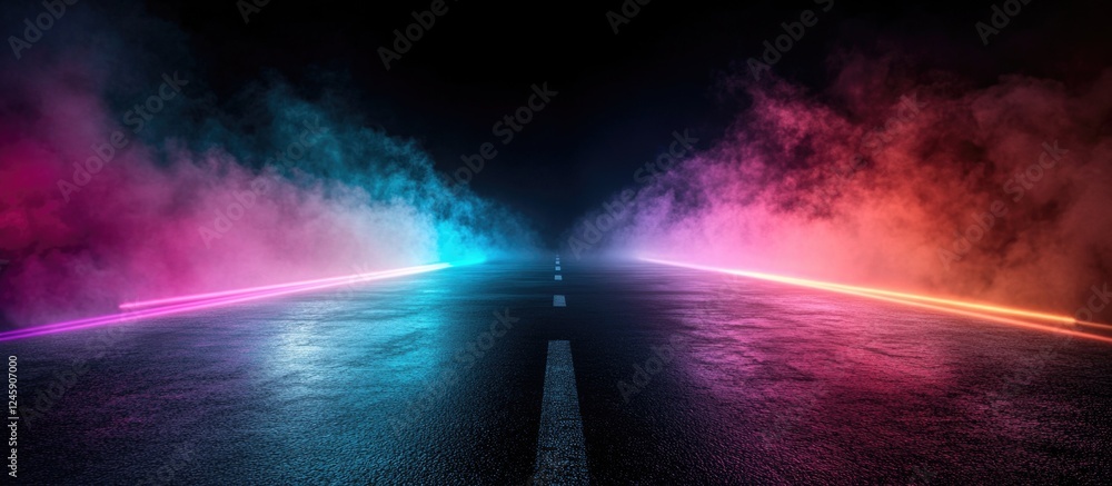 Poster illuminated empty street scene with colorful laser beams and smoke on a reflective asphalt surface a