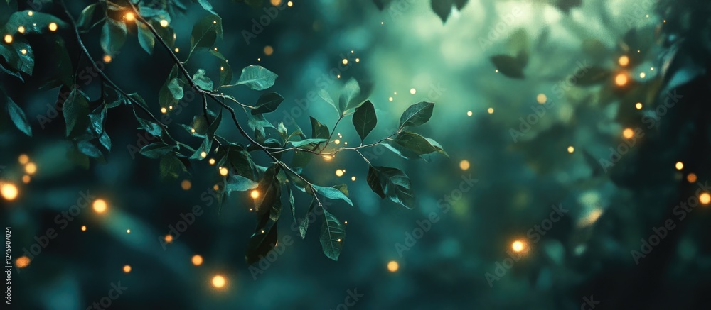 Poster enchanting bokeh background with soft glowing lights amidst lush green foliage creating a serene nat
