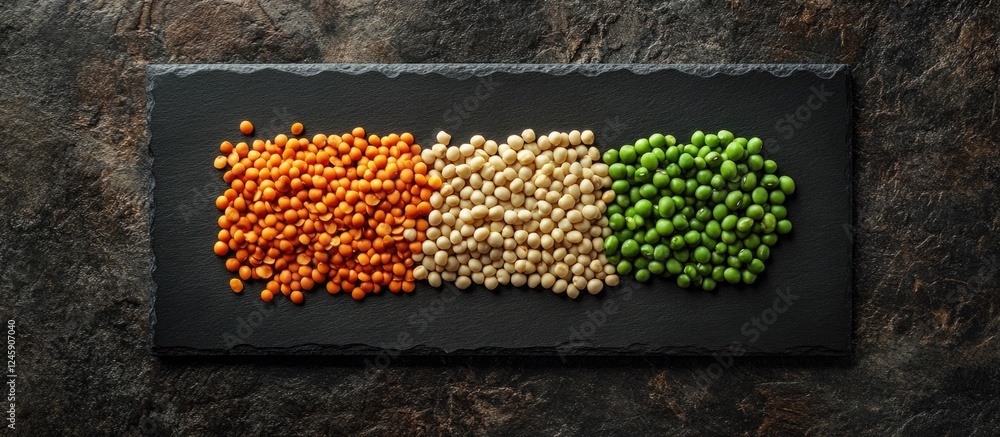 Poster raw moong dal peas and beans arranged in vibrant colors on a black cutting board with a dark paper b