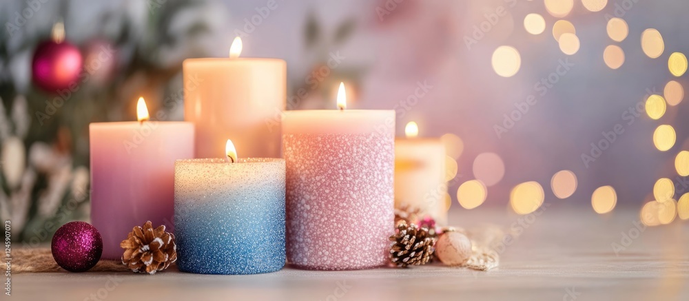 Poster colorful decorative candles with soft glow and bokeh lights creating a warm holiday atmosphere ideal