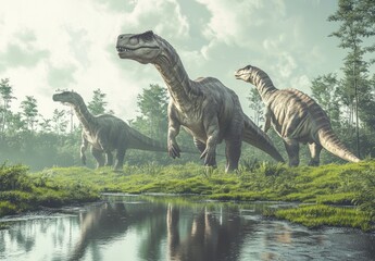 Dinosaurs in Prehistoric Landscape with Brachiosaurus and Diplodocus in Lush Green Grass