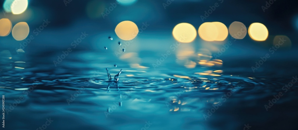 Poster enchanting blue water bokeh background with droplets creating ripples and a magical atmosphere for a