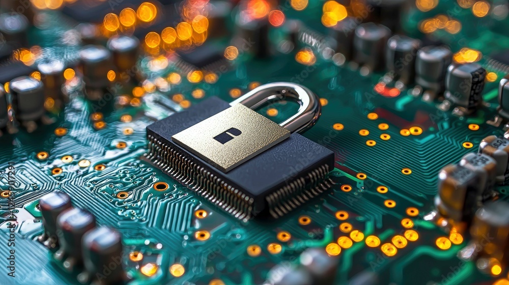 Aufkleber cyber security: digital lock on circuit board - protecting data and privacy in the technological wor