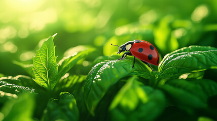 Fototapeta premium ladybug resting on vibrant green basil leaves, surrounded by lush garden. sunlight creates warm atmosphere, highlighting beauty of nature and intricate details of insect