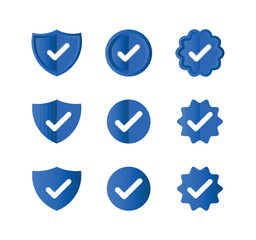 Set of 9 blue gradient verified badges in 3 shapes and styles, symbolizing authentication and safe zones