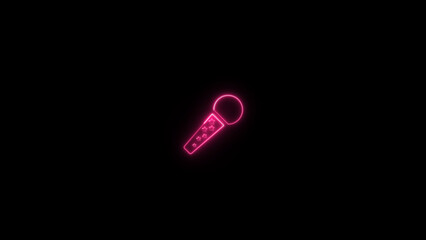 Neon microphone sign on black background. Voice recording podcast mic microphone button icon.