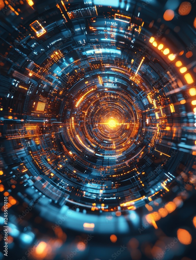 Poster exploring the dynamic digital universe abstract technology visuals in a futuristic environment