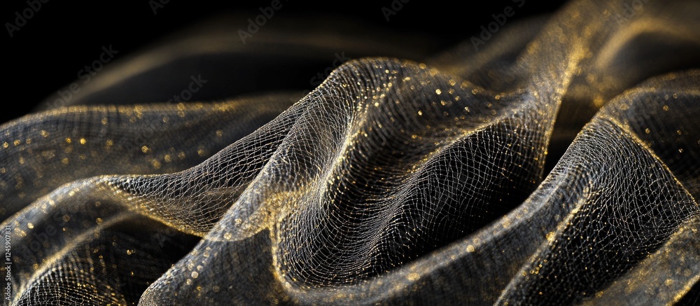 Aufkleber elegant textured black net fabric with delicate golden threads gracefully draped against a dark back