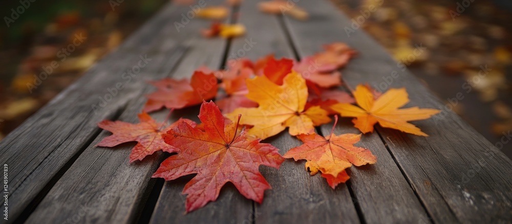 Poster autumn maple leaves on a rustic wooden table creating a warm and inviting natural background for sea