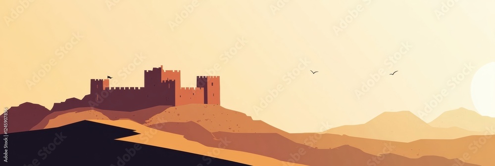 Poster minimalist depiction of an ancient castle atop a hill with a warm sunset. generative ai