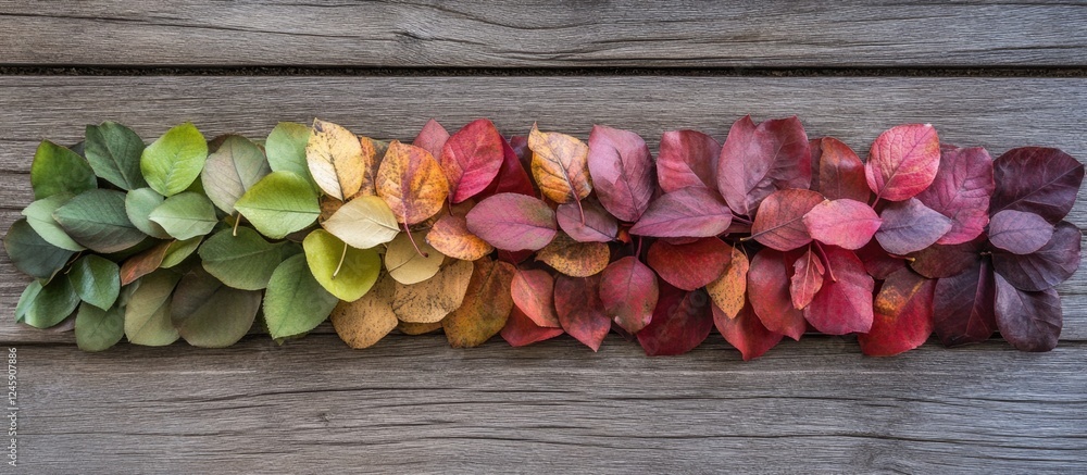 Aufkleber autumn leaves transitioning from green to red arranged on wooden background symbolizing the change o