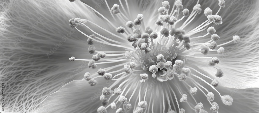 Poster close up monochrome detail of a flower highlighting intricate textures and delicate structures for a