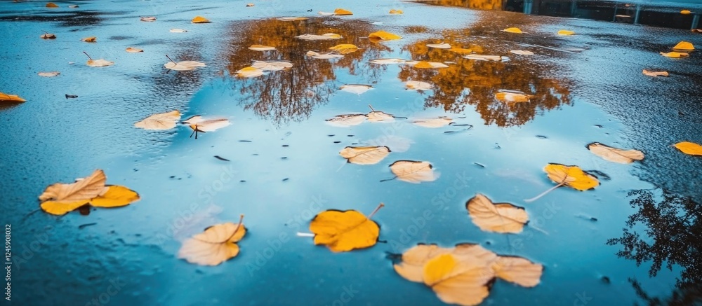 Poster autumn leaves on wet asphalt pavement with puddles reflecting trees after rainfall creating a serene