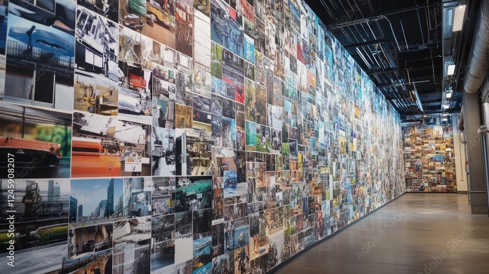 Poster A wall in a factory covered with images of local suppliers and community-driven manufacturing projects, highlighting collaboration and local success.