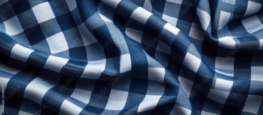 Poster blue checkered fabric background texture with a classic pattern showcasing smooth folds and a vibran
