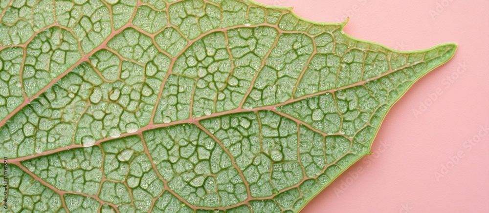 Poster macro close-up of a green leaf texture on a soft pink background showcasing intricate details and na