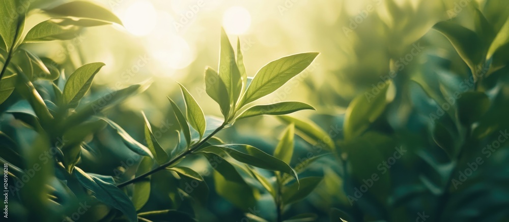 Poster soft green leaves illuminated by sunlight creating a bright summer atmosphere with ample copyspace f
