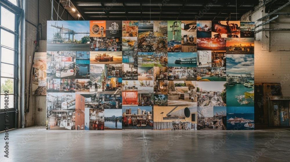 Poster A wall in a factory covered with images of local suppliers and community-driven manufacturing projects, highlighting collaboration and local success.