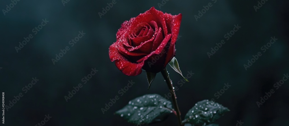 Poster elegant red rose with dew droplets on dark background perfect for creating a serene text overlay and
