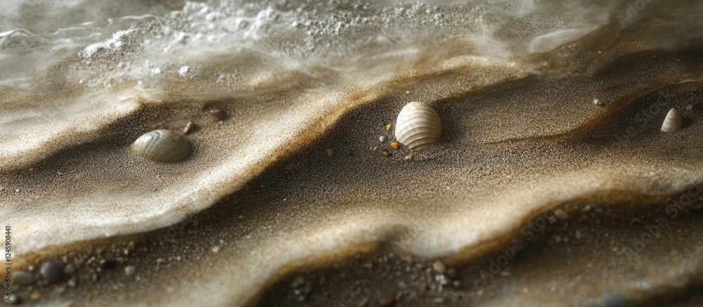 Poster natural sandy beach texture with seashells and gentle ocean waves creating a tranquil coastal atmosp