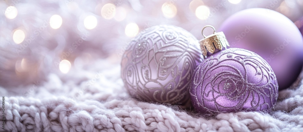 Poster elegant lilac christmas ornaments with intricate patterns resting on a soft knitted background illum