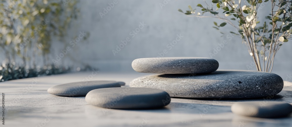 Poster zen stones in serene arrangement on a textured gray background enhancing product presentation with s