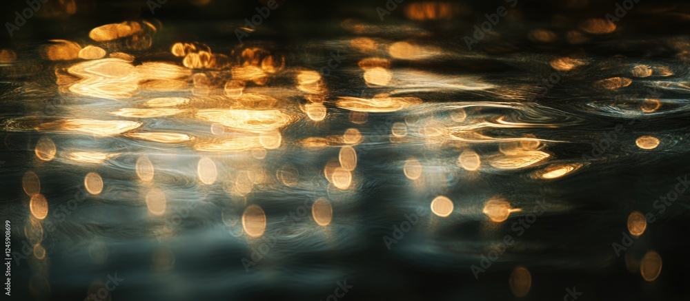 Poster bokeh water texture with golden lights reflecting on a dark background creating a serene and tranqui