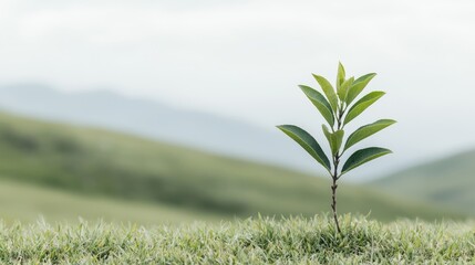 Young plant growing in grassy hills, nature background