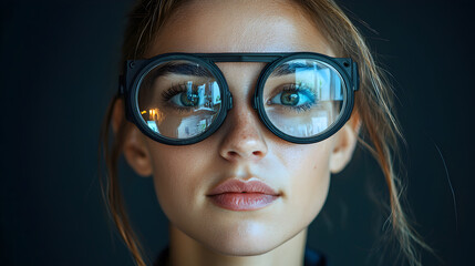 Close-up portrait of a young woman in oversized glasses