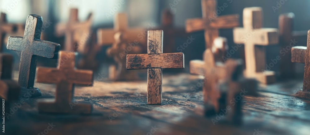 Poster wooden crosses on a rustic table creating a serene and contemplative atmosphere for religious and sp