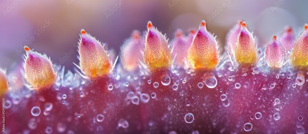 Poster macro close-up of vibrant cactus texture showcasing unique details and colors under microscope revea