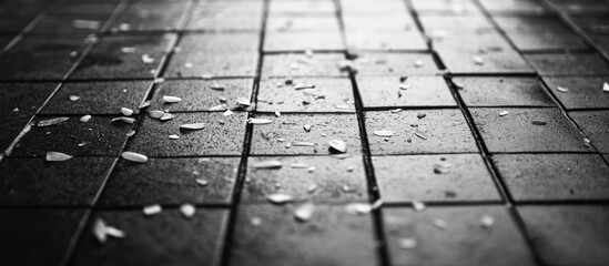 Black and white image of nail clippings scattered on a tiled floor showcasing a close-up view of the remnants after a manicure session