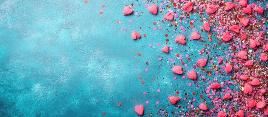 Vibrant blue and pink festive celebration scene with colorful confetti and heart shapes on a textured background ideal for text overlay