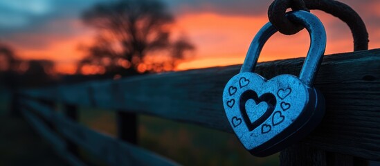 Heart-shaped blue padlock hanging on a wooden fence during a vibrant sunset symbolizing love and connection.