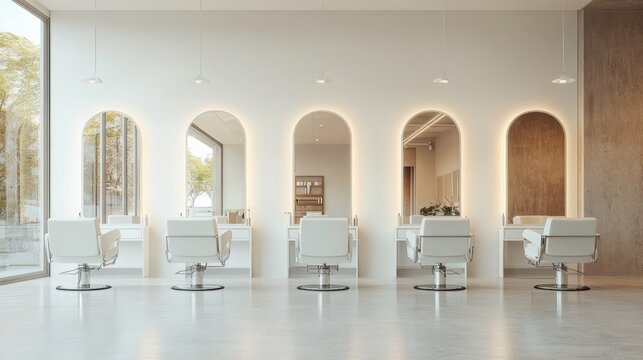 Modern Luxury Hair Salon Interior Design with Elegant Barber Chairs and Minimalist Style