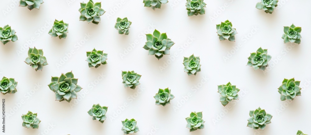 Poster rows of small succulent plants on a white background with empty space for text or product placement 