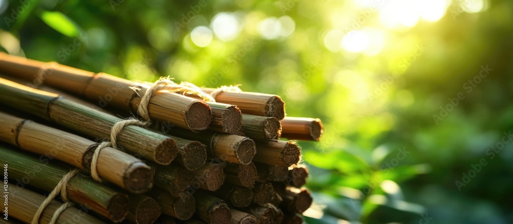Poster tightly bound bamboo sticks stacked in a lush green forest with sunlight filtering through the trees