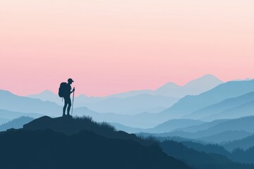 Silhouette of hiker with backpack on mountain ridge at dusk with space for text. Generative AI