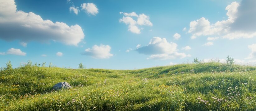 Lush green grasslands under a bright blue sky with fluffy clouds creating a serene and vibrant natural landscape backdrop