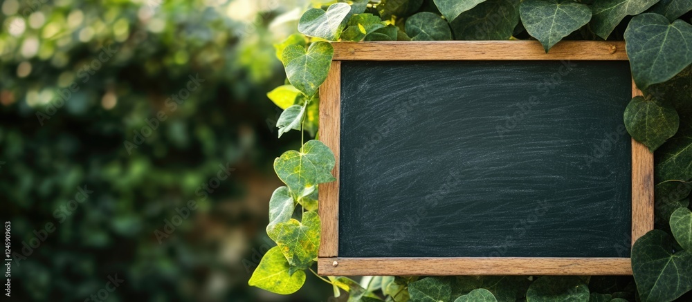 Aufkleber chalkboard surrounded by greenery in nature with blank space for messages and educational informatio