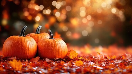 Autumn Thanksgiving background with vibrant pumpkins and colorful leaves illuminated by soft warm bokeh lights